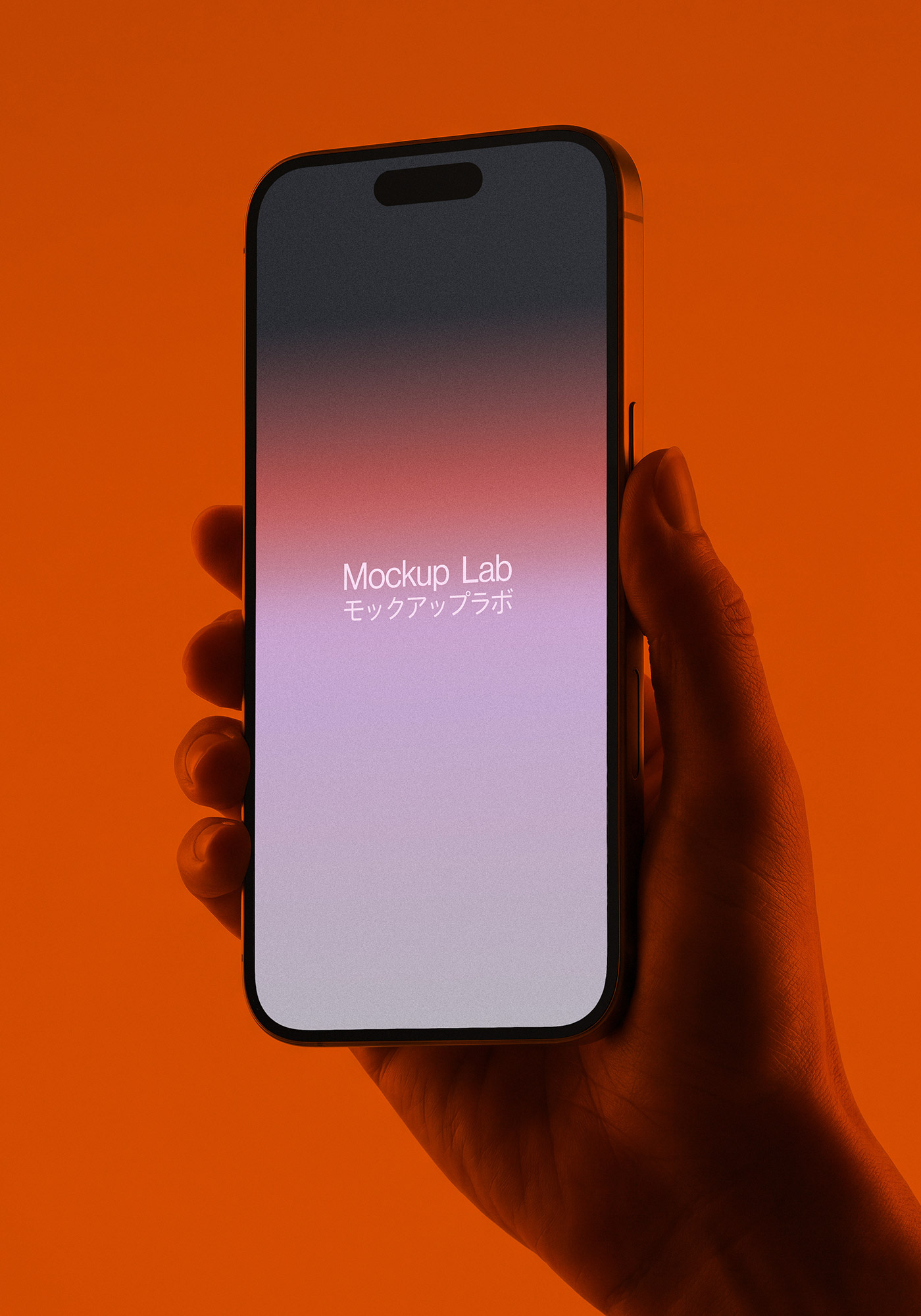A close-up view of the iPhone 15ML mockup, displaying a vibrant app interface on its screen.